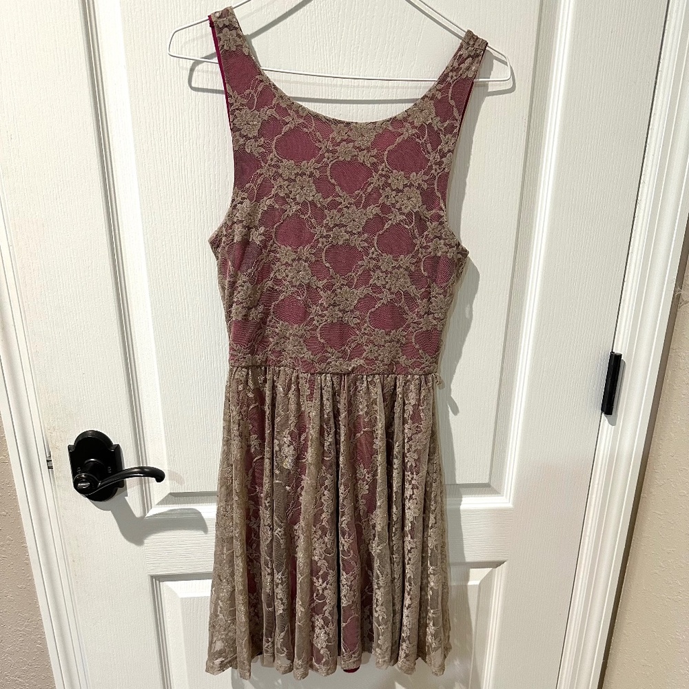 Modcloth Cocolove Wine with Beige Lace Overlay Sleeveless Fit and Flare Dress